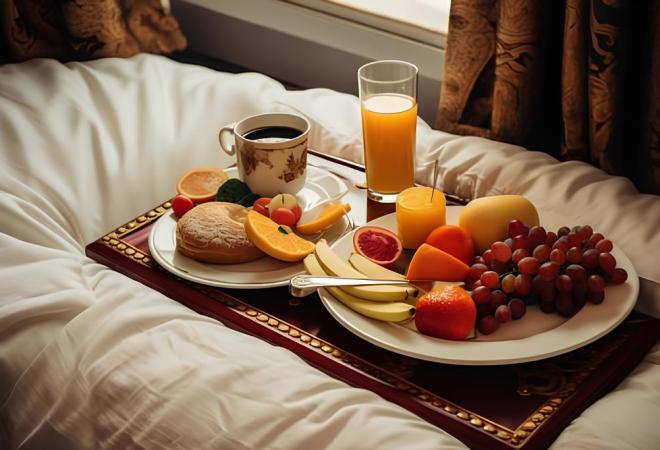 Colazione sontuosa a letto: frutta fresca, succo d'arancia, caffè e dolci.