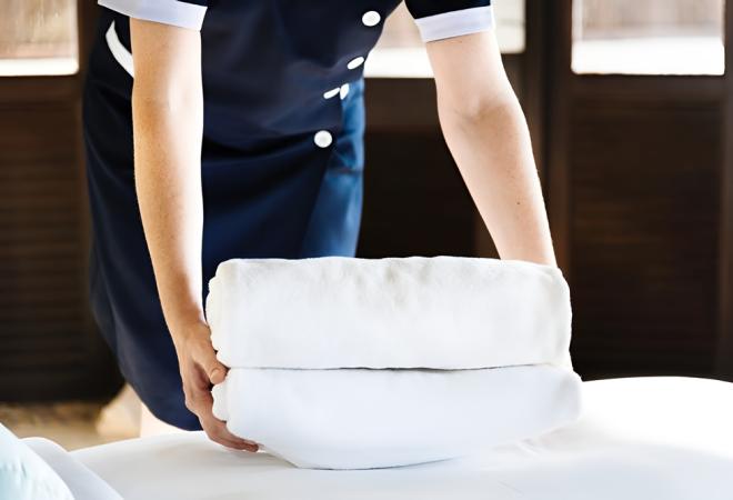 Persona in uniforme sistema con cura asciugamani bianchi su un letto ordinato.