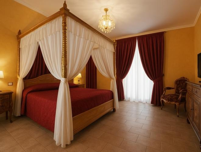 Camera lussuosa con letto a baldacchino, tende rosse e arredi eleganti.